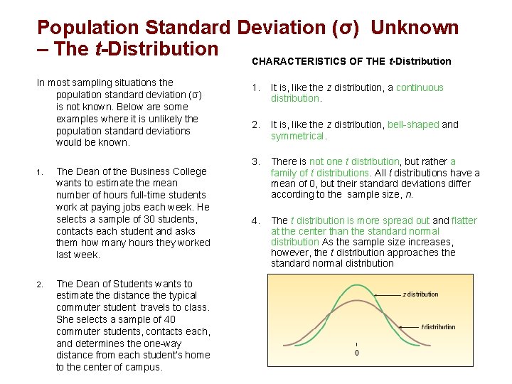 Population Standard Deviation (σ) Unknown – The t-Distribution CHARACTERISTICS OF THE t-Distribution In most