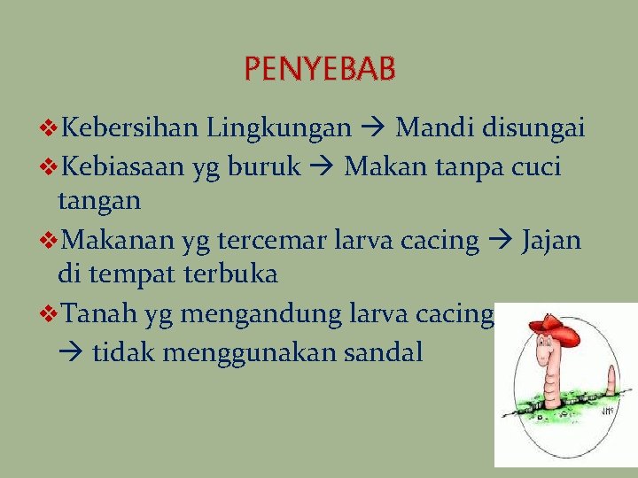 PENYEBAB v. Kebersihan Lingkungan Mandi disungai v. Kebiasaan yg buruk Makan tanpa cuci tangan