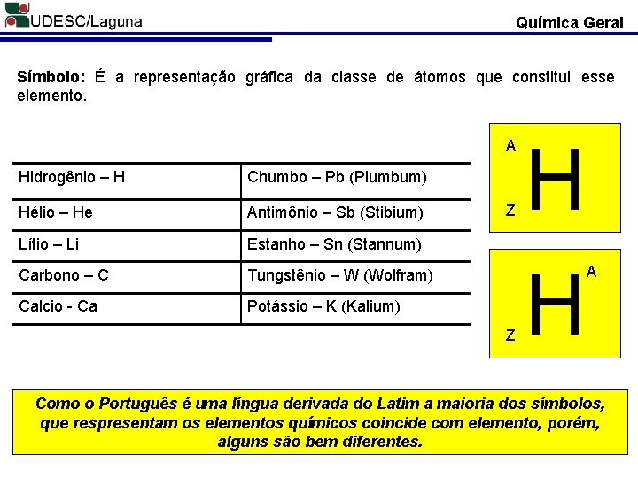 Química Geral Símbolo: É a representação gráfica da classe de átomos que constitui esse