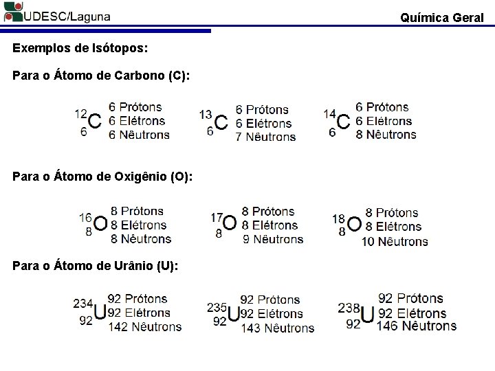 Química Geral Exemplos de Isótopos: Para o Átomo de Carbono (C): Para o Átomo