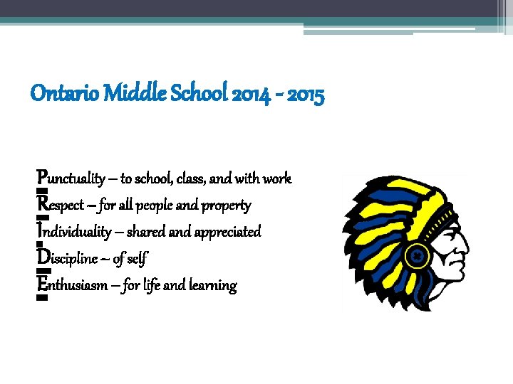 Ontario Middle School 2014 - 2015 Punctuality – to school, class, and with work