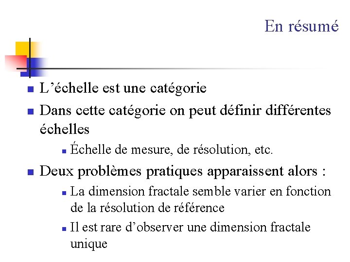 En résumé n n L’échelle est une catégorie Dans cette catégorie on peut définir