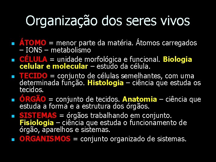 Organização dos seres vivos ÁTOMO = menor parte da matéria. Átomos carregados – IONS Organização dos seres vivos ÁTOMO = menor parte da matéria. Átomos carregados – IONS