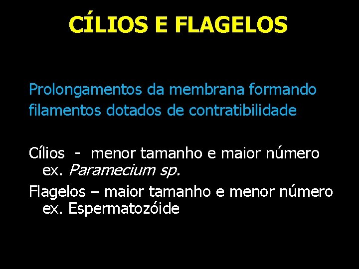 CÍLIOS E FLAGELOS Prolongamentos da membrana formando filamentos dotados de contratibilidade Cílios - menor CÍLIOS E FLAGELOS Prolongamentos da membrana formando filamentos dotados de contratibilidade Cílios - menor
