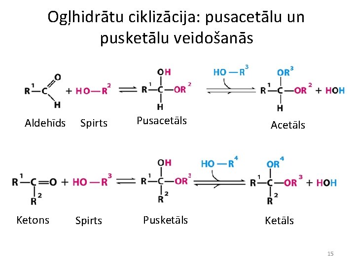 Ogļhidrātu ciklizācija: pusacetālu un pusketālu veidošanās Aldehīds Ketons Spirts Pusacetāls Pusketāls Acetāls Ketāls 15