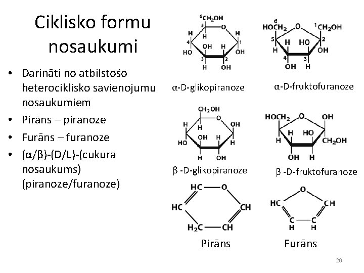 Ciklisko formu nosaukumi • Darināti no atbilstošo heterociklisko savienojumu nosaukumiem • Pirāns – piranoze