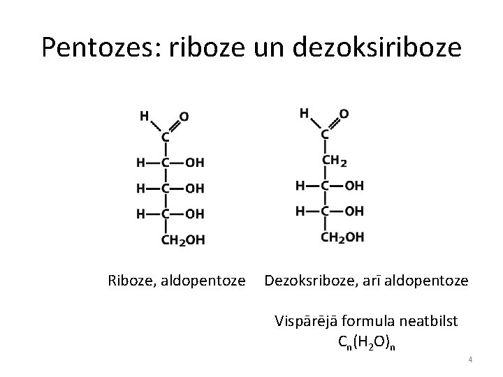 Pentozes: riboze un dezoksiriboze Riboze, aldopentoze Dezoksriboze, arī aldopentoze Vispārējā formula neatbilst Cn(H 2