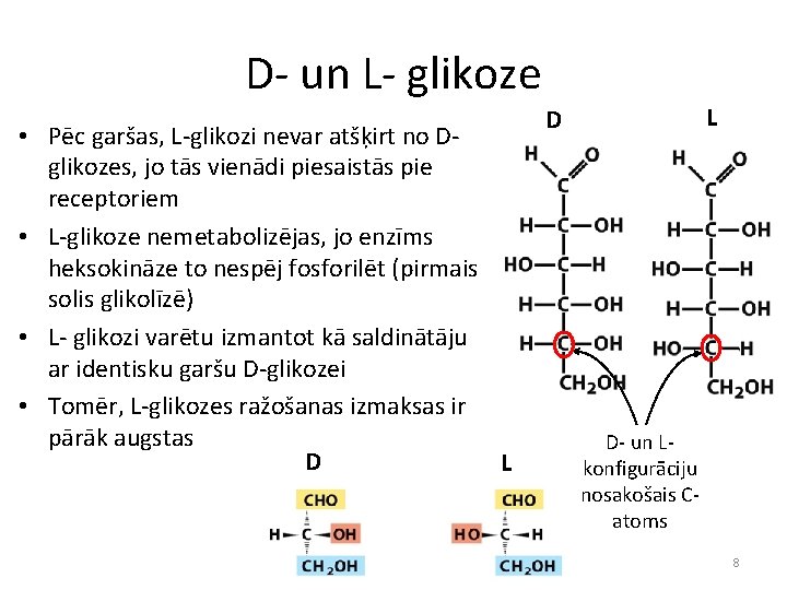 D- un L- glikoze • Pēc garšas, L-glikozi nevar atšķirt no Dglikozes, jo tās