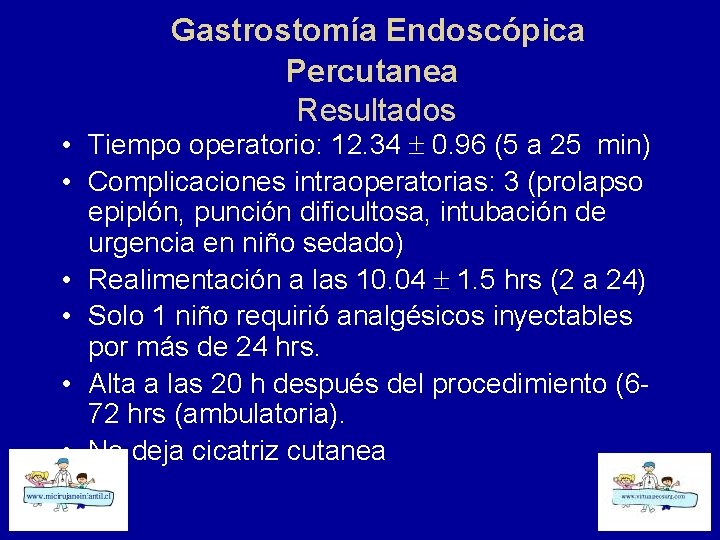 Gastrostomía Endoscópica Percutanea Resultados • Tiempo operatorio: 12. 34 0. 96 (5 a 25