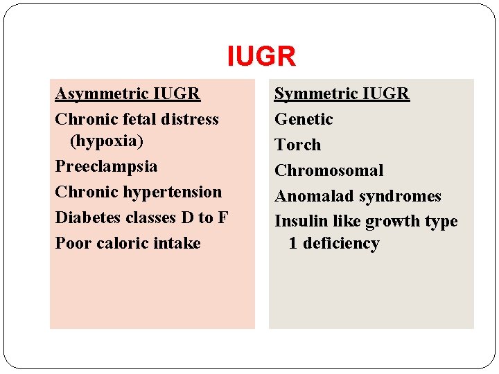 IUGR Asymmetric IUGR Chronic fetal distress (hypoxia) Preeclampsia Chronic hypertension Diabetes classes D to