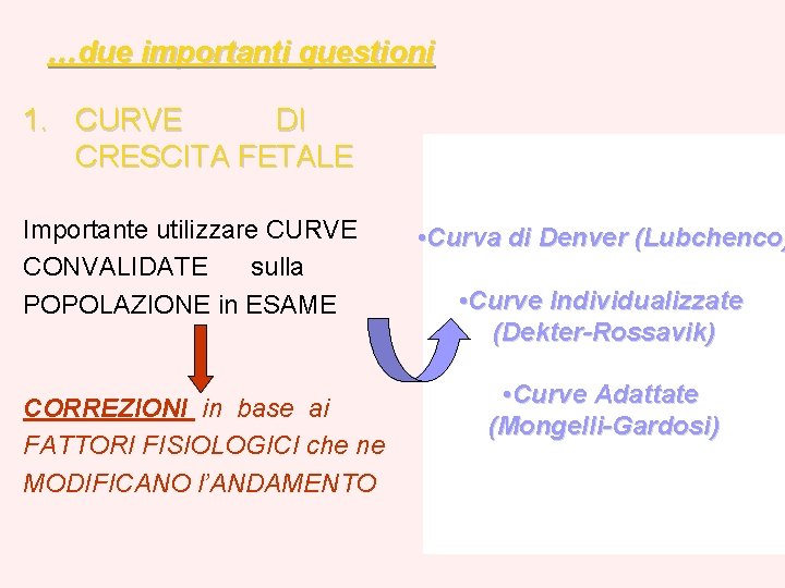 …due importanti questioni 1. CURVE DI CRESCITA FETALE Importante utilizzare CURVE CONVALIDATE sulla POPOLAZIONE