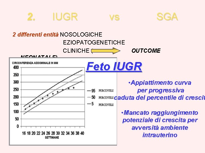 2. IUGR vs SGA 2 differentità NOSOLOGICHE EZIOPATOGENETICHE CLINICHE ( NEONATALE) OUTCOME Feto IUGR