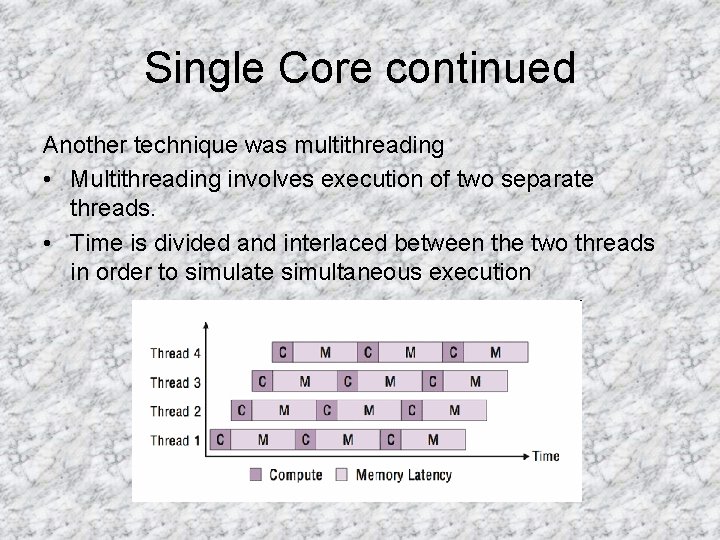 Single Core continued Another technique was multithreading • Multithreading involves execution of two separate