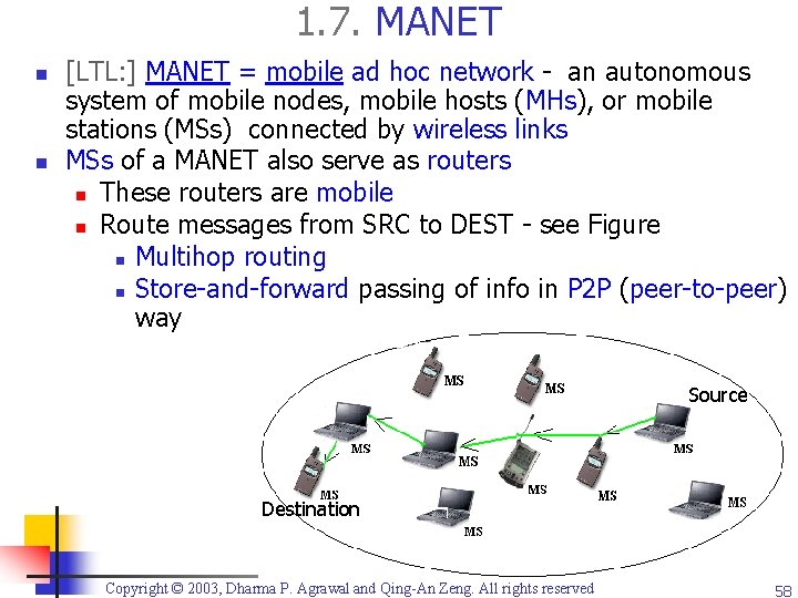 1. 7. MANET n n [LTL: ] MANET = mobile ad hoc network -