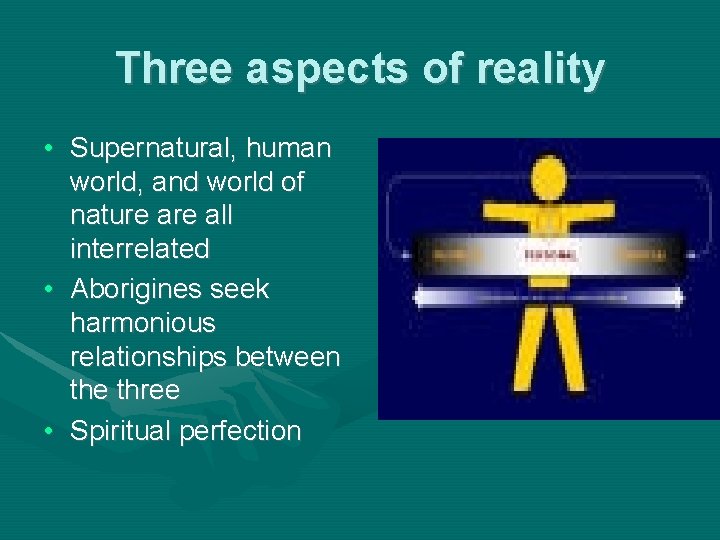 Three aspects of reality • Supernatural, human world, and world of nature all interrelated