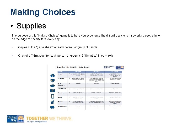 Making Choices • Supplies The purpose of this “Making Choices” game is to have