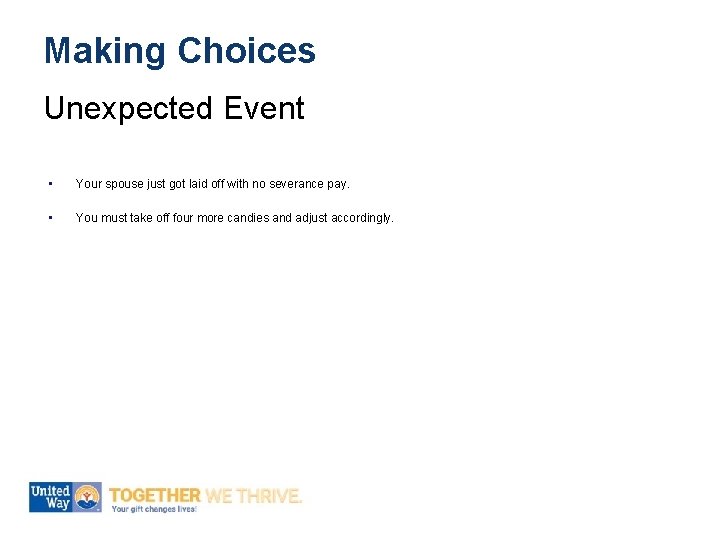 Making Choices Unexpected Event • Your spouse just got laid off with no severance