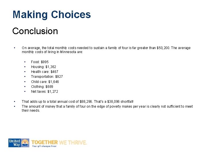 Making Choices Conclusion • On average, the total monthly costs needed to sustain a