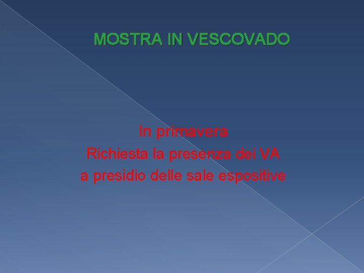 MOSTRA IN VESCOVADO In primavera Richiesta la presenza dei VA a presidio delle sale