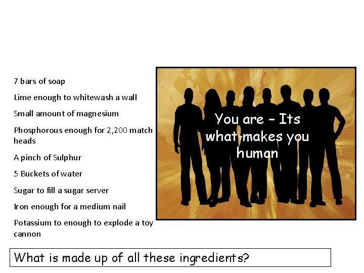 7 bars of soap Lime enough to whitewash a wall Small amount of magnesium