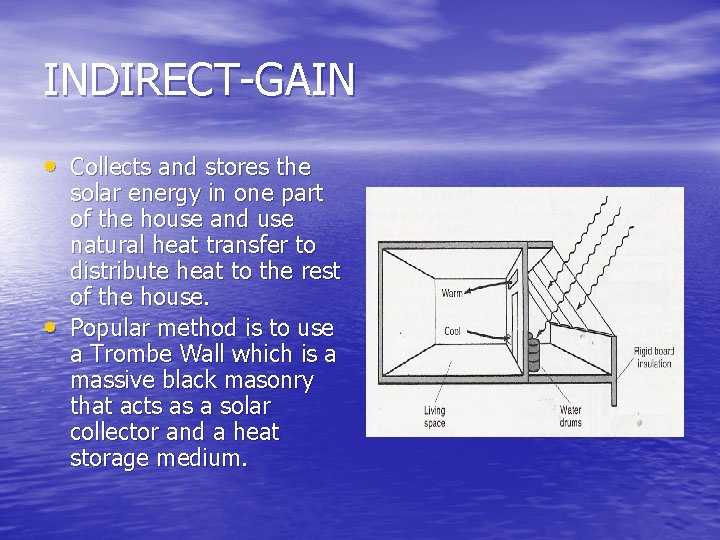 INDIRECT-GAIN • Collects and stores the • solar energy in one part of the