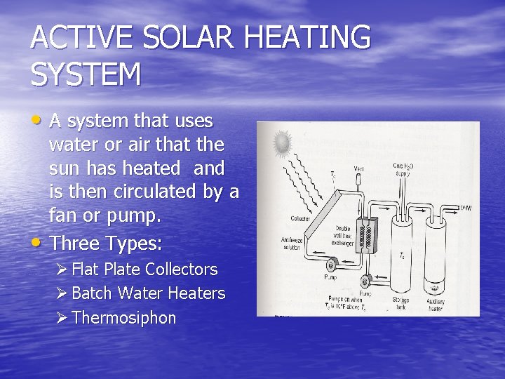 ACTIVE SOLAR HEATING SYSTEM • A system that uses • water or air that