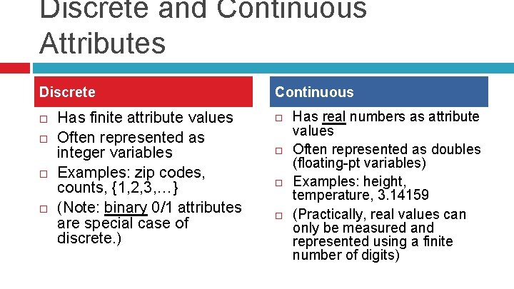 Discrete and Continuous Attributes Discrete Has finite attribute values Often represented as integer variables