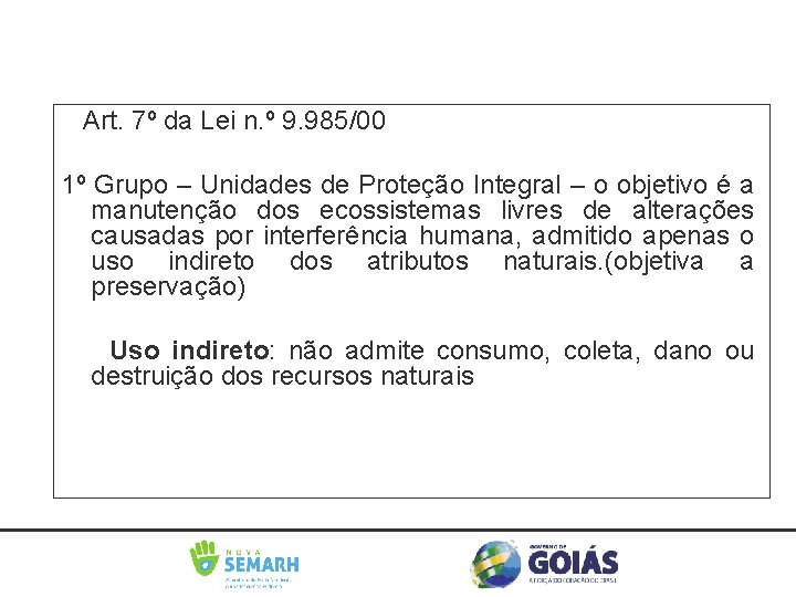 Art. 7º da Lei n. º 9. 985/00 1º Grupo – Unidades de Proteção