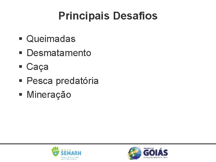 Principais Desafios Queimadas Desmatamento Caça Pesca predatória Mineração 