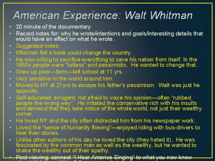 American Experience: Walt Whitman • 20 minute of the documentary • Record notes for: