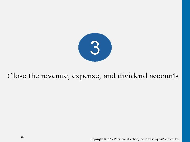 3 Close the revenue, expense, and dividend accounts 24 Copyright © 2012 Pearson Education,