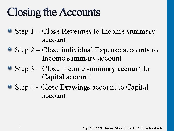 Closing the Accounts Step 1 – Close Revenues to Income summary account Step 2