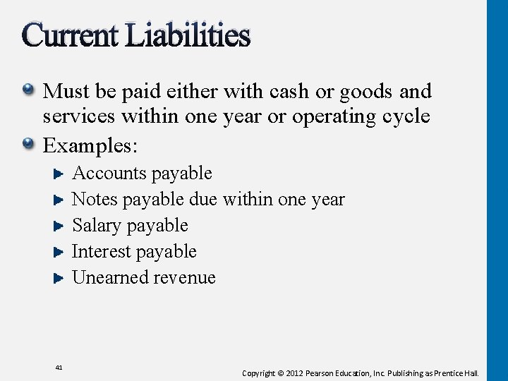 Current Liabilities Must be paid either with cash or goods and services within one