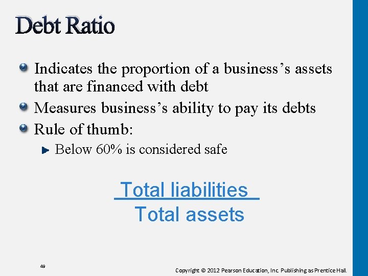 Debt Ratio Indicates the proportion of a business’s assets that are financed with debt