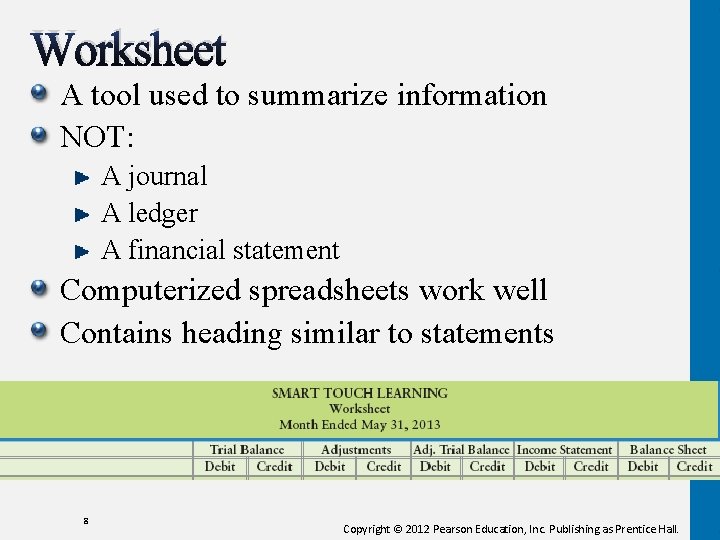 Worksheet A tool used to summarize information NOT: A journal A ledger A financial