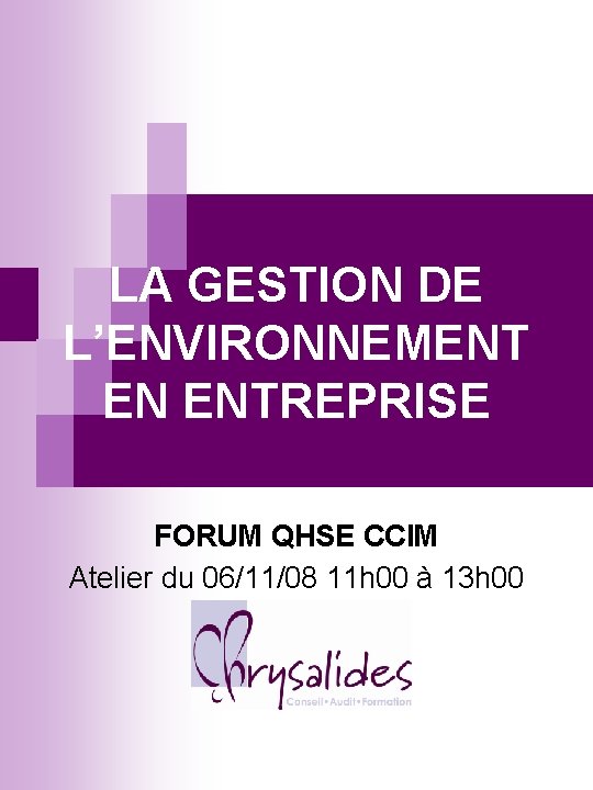 LA GESTION DE L’ENVIRONNEMENT EN ENTREPRISE FORUM QHSE CCIM Atelier du 06/11/08 11 h