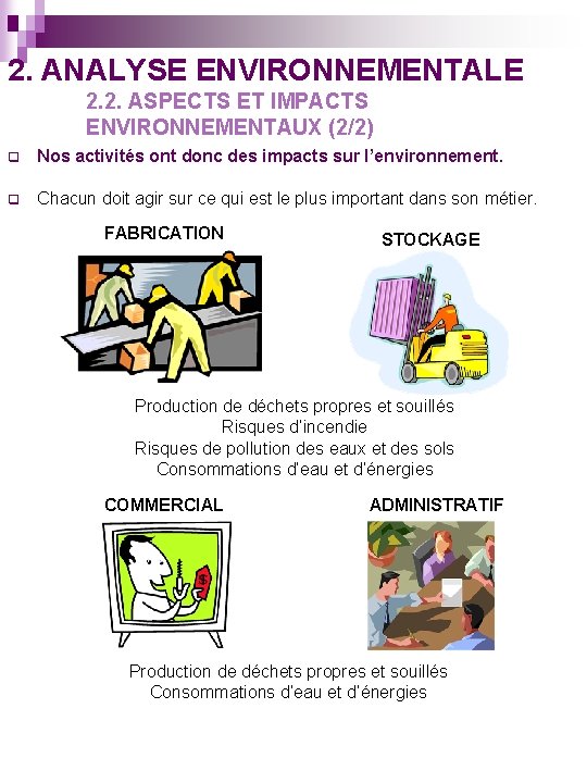 2. ANALYSE ENVIRONNEMENTALE 2. 2. ASPECTS ET IMPACTS ENVIRONNEMENTAUX (2/2) q Nos activités ont