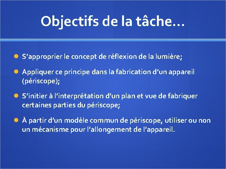 Objectifs de la tâche… S’approprier le concept de réflexion de la lumière; Appliquer ce