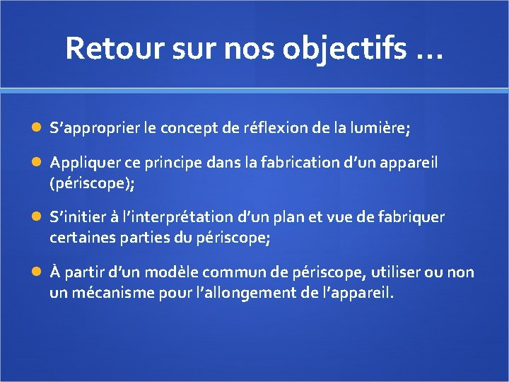 Retour sur nos objectifs … S’approprier le concept de réflexion de la lumière; Appliquer