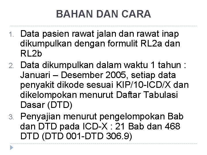 BAHAN DAN CARA 1. 2. 3. Data pasien rawat jalan dan rawat inap dikumpulkan