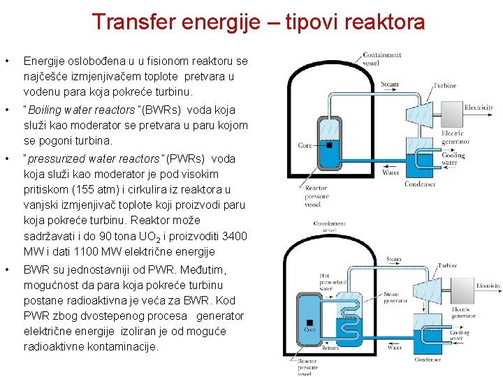 Transfer energije – tipovi reaktora • Energije oslobođena u u fisionom reaktoru se najčešće
