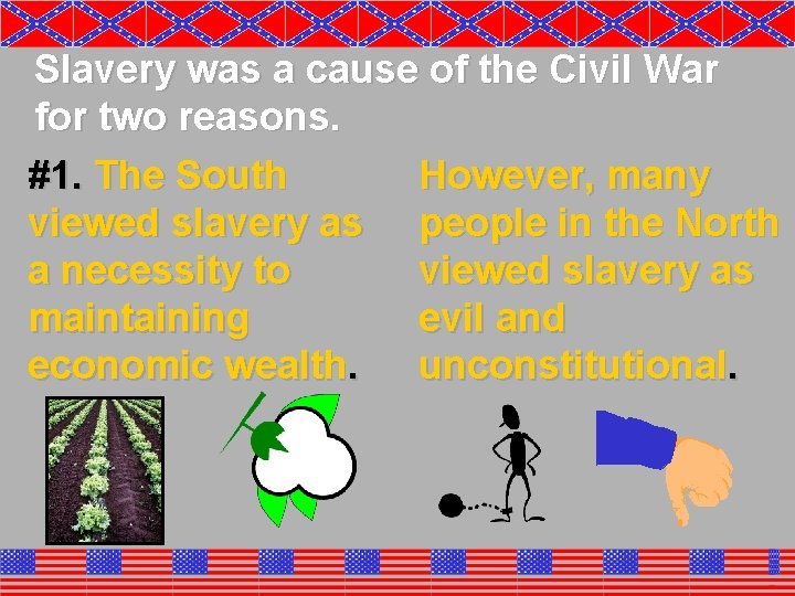 Slavery was a cause of the Civil War for two reasons. #1. The South