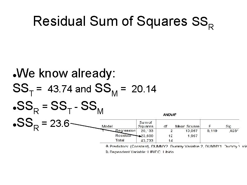 Residual Sum of Squares SSR We know already: SST = 43. 74 and SSM
