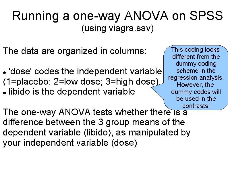 Running a one-way ANOVA on SPSS (using viagra. sav) The data are organized in