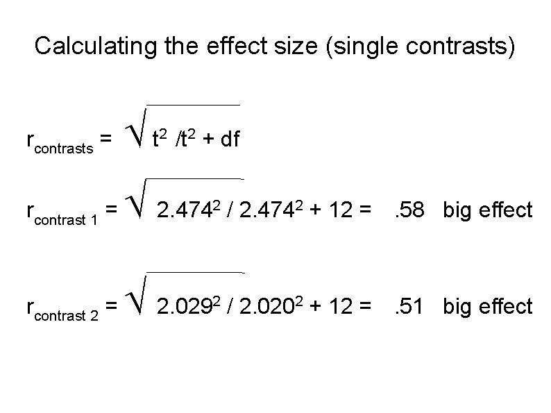 Calculating the effect size (single contrasts) rcontrasts = t rcontrast 1 = 2. 474