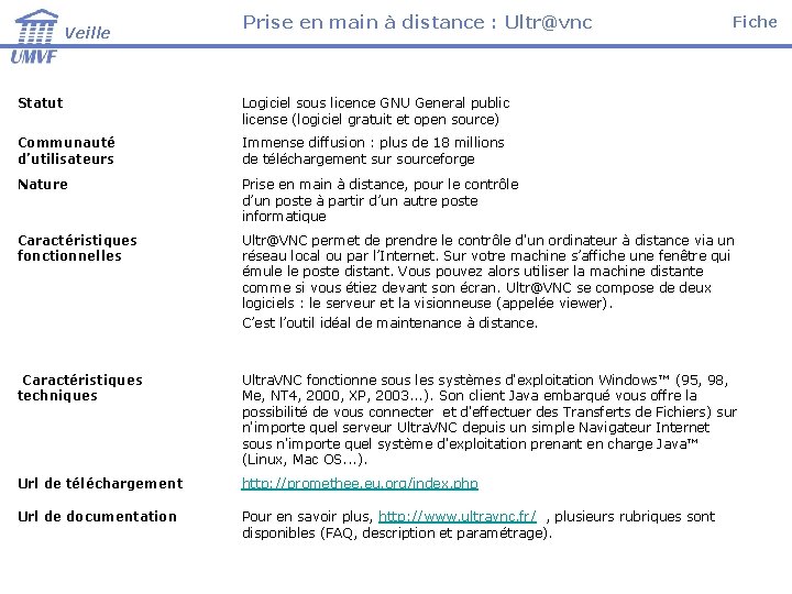 Veille Prise en main à distance : Ultr@vnc Fiche Statut Logiciel sous licence GNU Veille Prise en main à distance : Ultr@vnc Fiche Statut Logiciel sous licence GNU