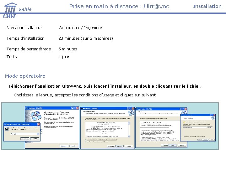 Veille Prise en main à distance : Ultr@vnc Niveau installateur Webmaster / Ingénieur Temps Veille Prise en main à distance : Ultr@vnc Niveau installateur Webmaster / Ingénieur Temps