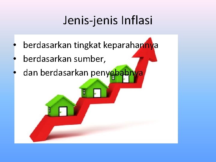 Jenis-jenis Inflasi • berdasarkan tingkat keparahannya • berdasarkan sumber, • dan berdasarkan penyebabnya 