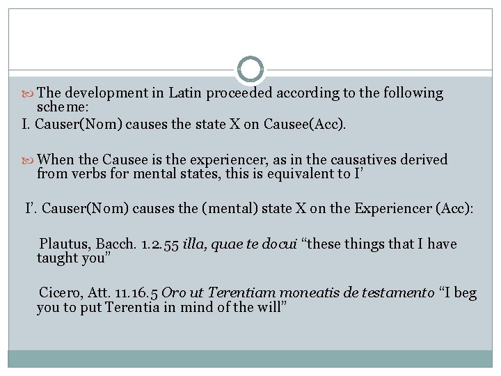 The development in Latin proceeded according to the following scheme: I. Causer(Nom) causes The development in Latin proceeded according to the following scheme: I. Causer(Nom) causes