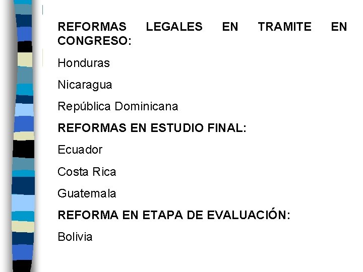 REFORMAS CONGRESO: LEGALES EN TRAMITE Honduras Nicaragua República Dominicana REFORMAS EN ESTUDIO FINAL: Ecuador